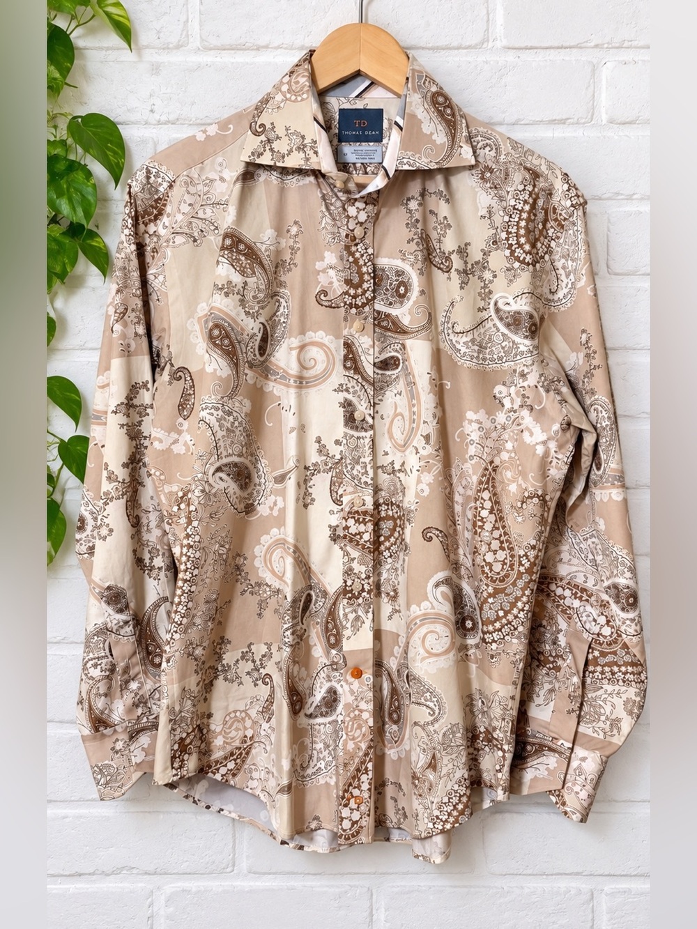 Thomas Dean Mens Small Luxury Shirt 100% Cotton Paisley Tan Brown Button Down